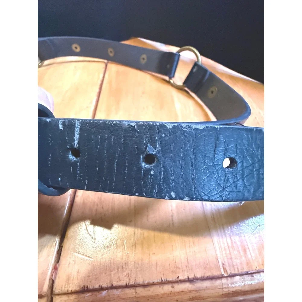 Vintage Black‎ Leather O-Ring Grommet Belt Antique Brass V Logo Grunge Moto